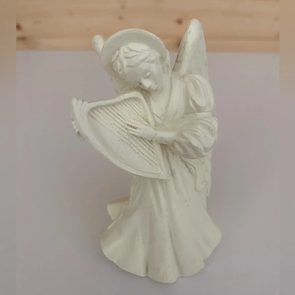 VINTAGE Hallmark Cards Guardian Angel Harp 4.5” Tall Ivory Ceramic Figurine